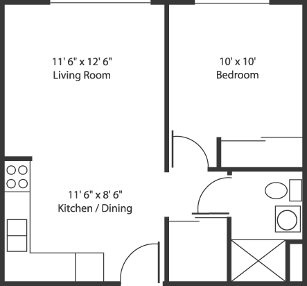 Comctock one bedroom floorplan with living room that 11 feet and 6 inches by 12 feet and 6 inches, beds that's 10 feet by 10 feet, and kithcen that's 11 feet 6 inches by 8 feet 6 inches and a bathroom