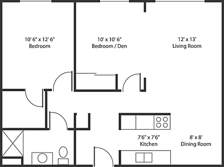 Comstock two bedroom floorplan with living room that 12 feet by 13 feet, bedroom that's 10 feet 6 inches by 12 feet 6 inches, bedroom that's 10 feet by 10 feet 6 inches, kithcen that's 7 feet 6 inches by 7 feet 6 inches, dining room that's 8 feet by 8 feet, and a bathroom